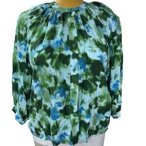 Tuckernuck 1X Button Up Blouse Green Blue Abstract Print Tencel Lightweight Plus